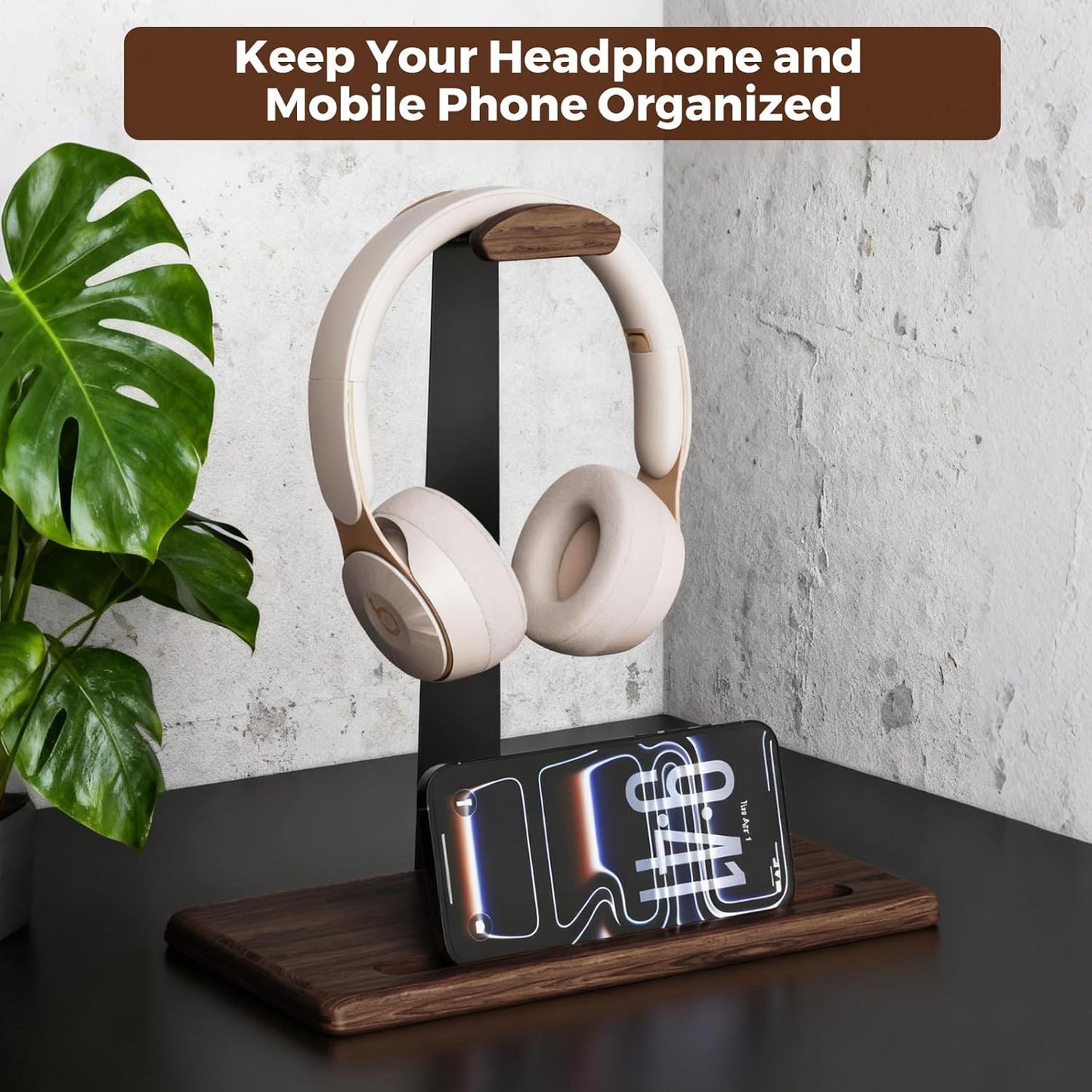 DEMEGA Headset Walnut Stand for Desk with Phone Holder | Headphone Stand Headphone Holder (Dark Walnut)