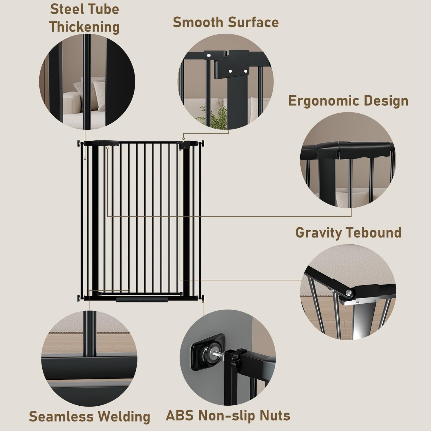 WAOWAO 40.55" Extra Tall 1.37" Ultra Narrow Spacing 69.49-77.36" Extra Wide Dogs Pets Baby Gate Safety Indoor Puppy Pressure Mounted Gate No Drill Black Metal for Stairs,Doorways,Kitchen,Hallway