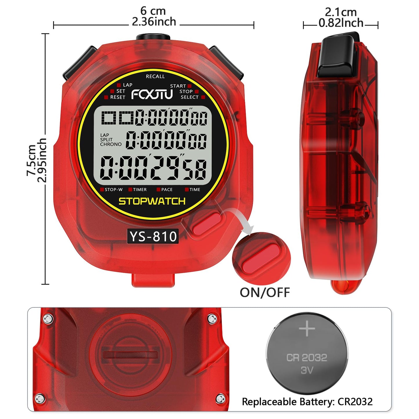 FCXJTU Sports Stopwatch Timer, 10 Lap/Split Memory Digital Stopwatch Countdown Timer with 12/24 Hour Clock Alarm On/Off, Calendar 3-Row Extra Large Screen Lanyard for P.E Coach and Referees (Red)
