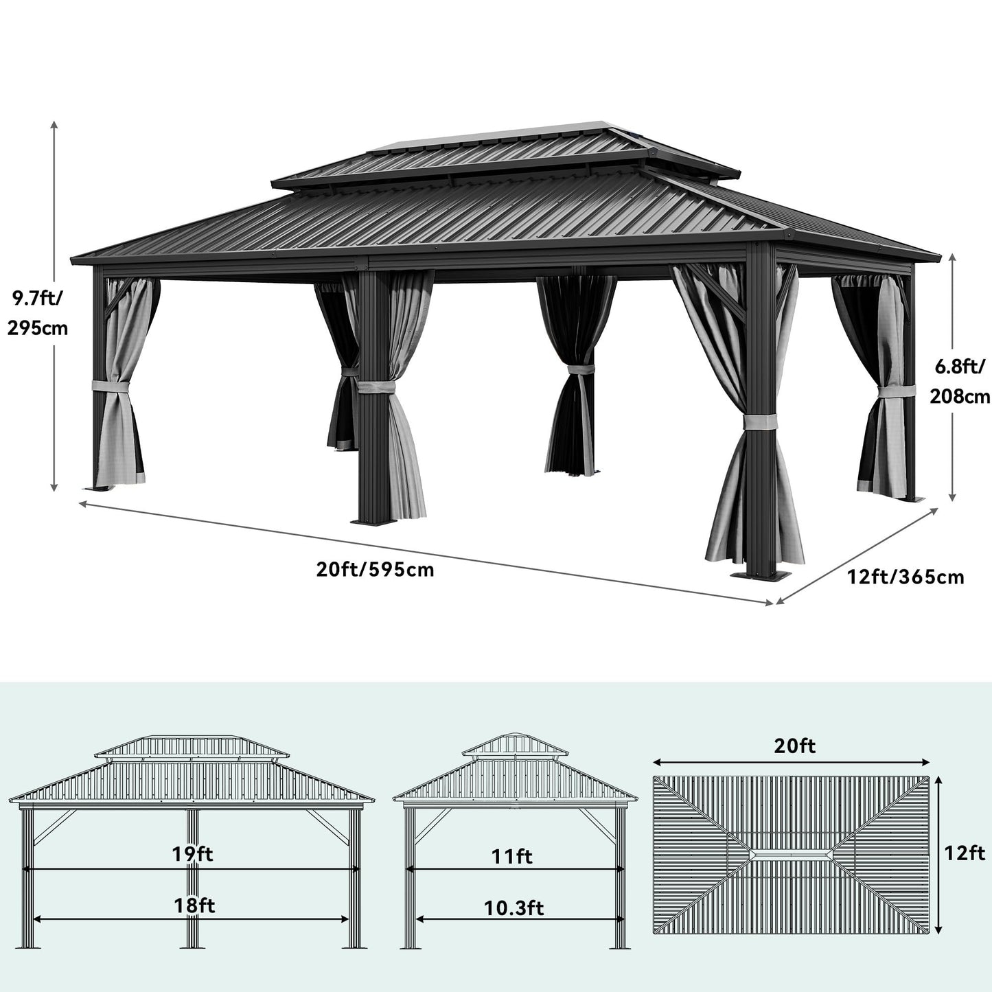 YITAHOME 12x20ft Hardtop Gazebo with Nettings and Curtains, Heavy Duty Double Roof Galvanized Steel Outdoor Combined of Vertical Stripes Roof for Patio, Backyard, Deck, Lawns, Gray