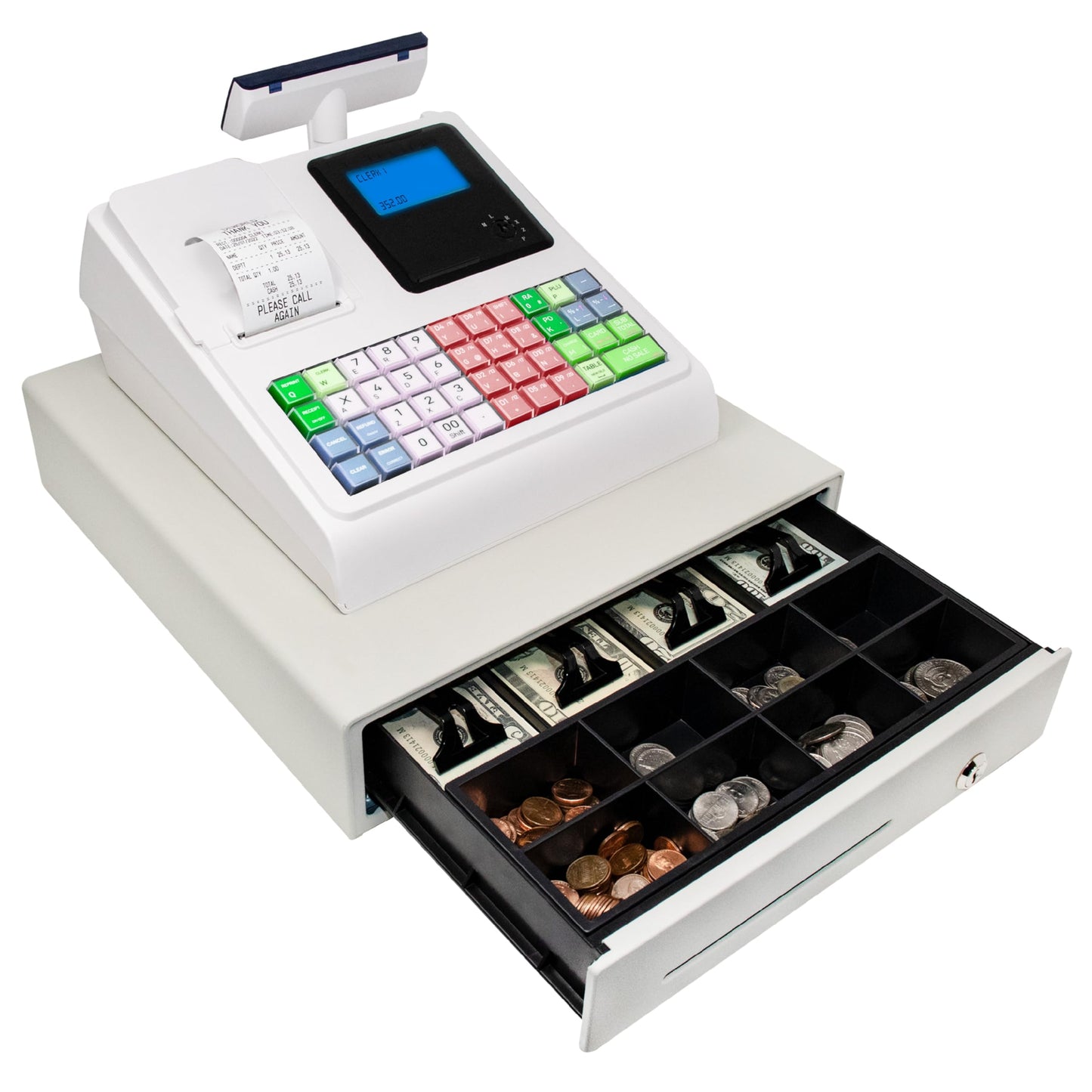 Cash Register for Small Businesses, 50 Dept 50 Clerks, 4700 Lookups Quick Load Thermal Printer, Steel Cash and Coin Drawer, White