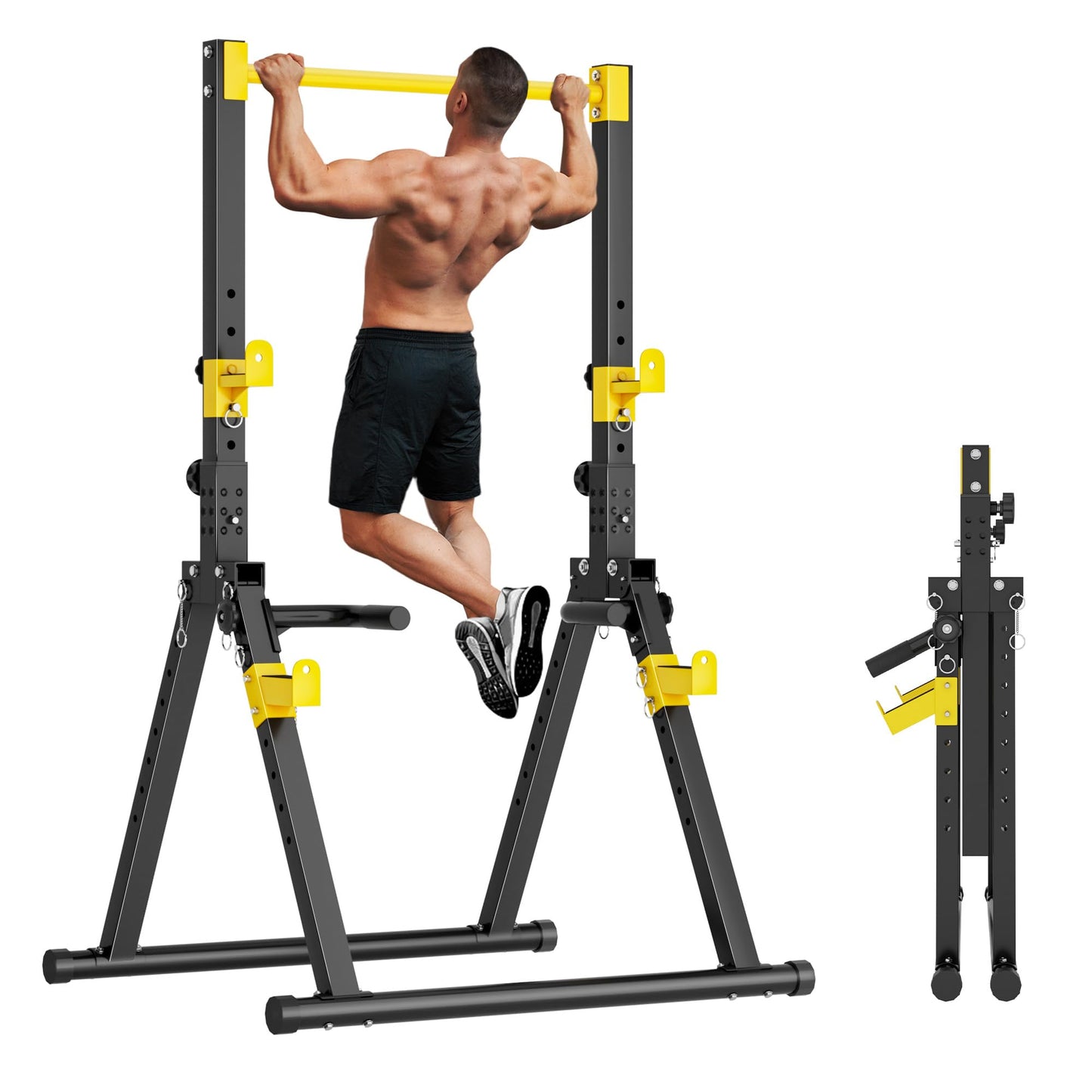 soges Foldable Power Tower, Pull Up Dip Station for Home Gym, 500 LBS Capacity Power Tower with Triangular Design, Adjustable Height Pull Up Bar for Full Body Workout (Yellow)