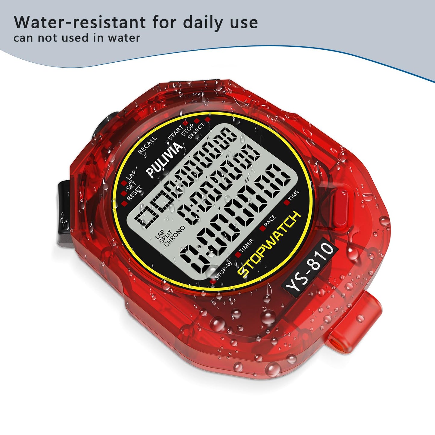 PULIVIA Stopwatch Timer 10 Splits/Laps Digital Stop Watch for Sports, Countdown Alarm Clock Date Memory Recall Large Display, Stopwatch for Coaches PE-Teacher Referee (red, 10 Splits/laps)
