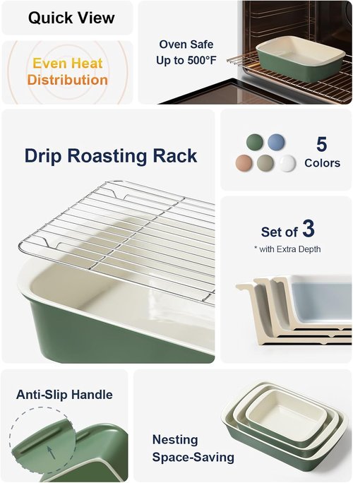 LE TAUCI Deep Casserole Dishes - Large Ceramic Baking Dish Set with Roasting Racks | Forest Green, 3-Piece Set (4.6QT/3.0QT/1.6QT)