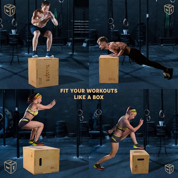 Yes4All Plyo Box, 3-in-1 Wooden Box Jumps for Home Gym (12/14/16?¯in), 450 lbs Boxes Step Up with Smooth Edges & Wide Built-in Handles for Jumping, Strength Training, Lunges, Squats, Dips