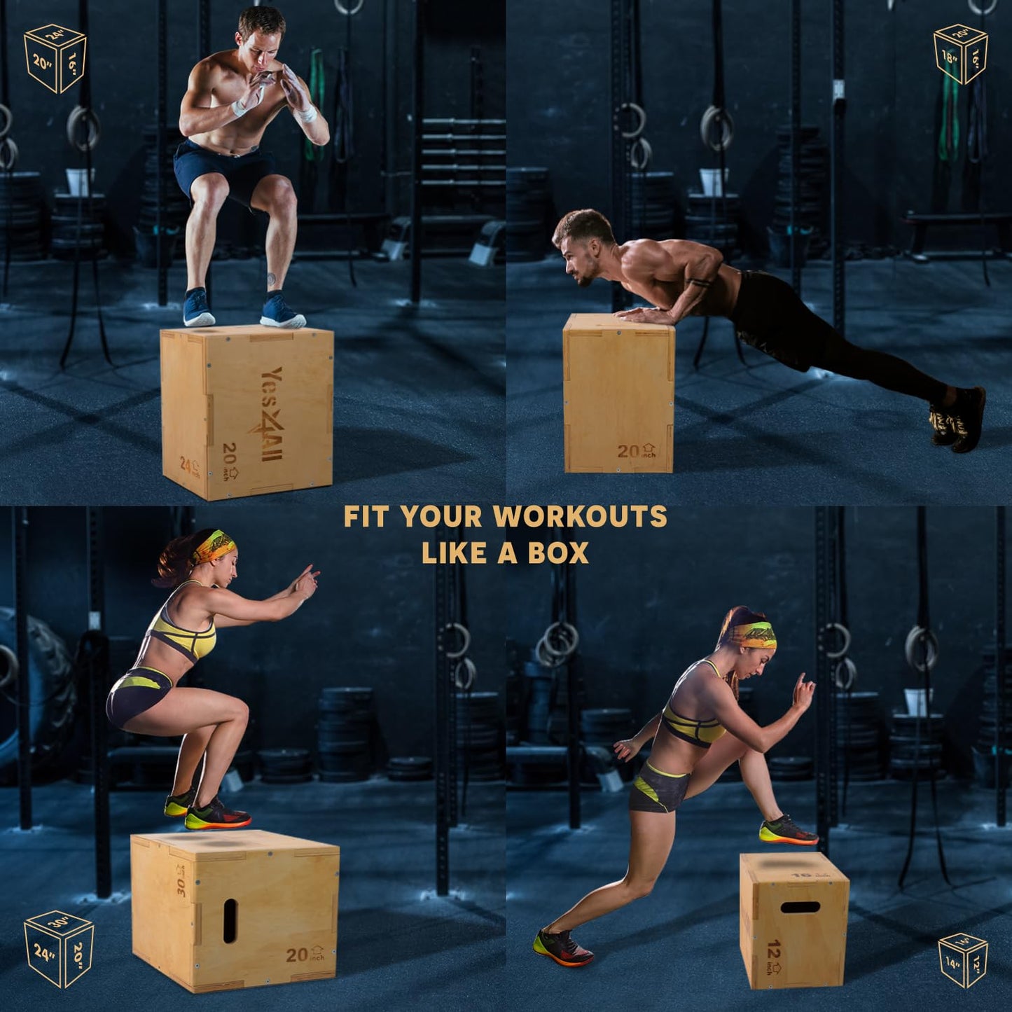 Yes4All Plyo Box, 3-in-1 Wooden Box Jumps for Home Gym, 450 lbs, Step Up with Smooth Edges & Wide Built-in Handles for Jumping, Strength Training, Lunges, Squats, Dips, Natural Wood