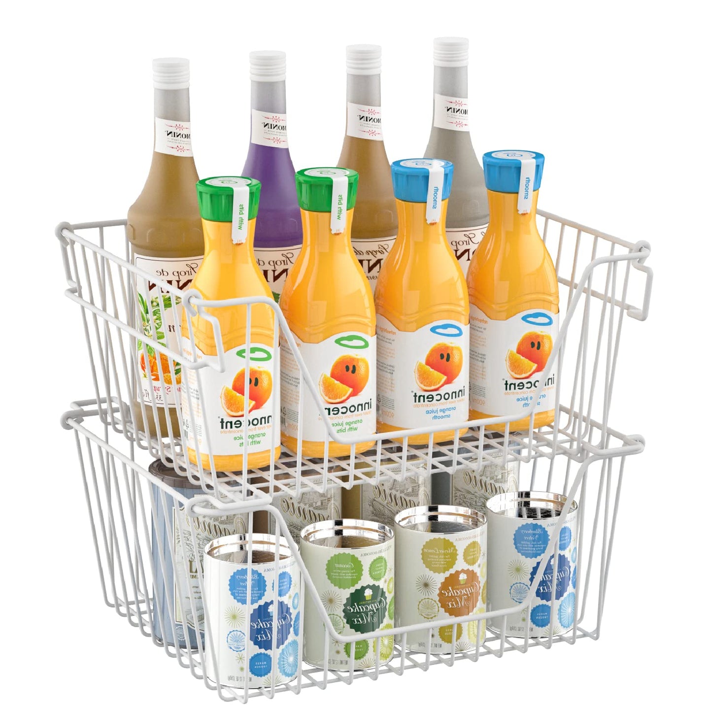 blitzlabs Stackable Wire Metal Baskets Large Capacity Kitchen Freezer Bins for Pantry Cabinet Fruit Vegetable Snacks Organization, White, Set of 4