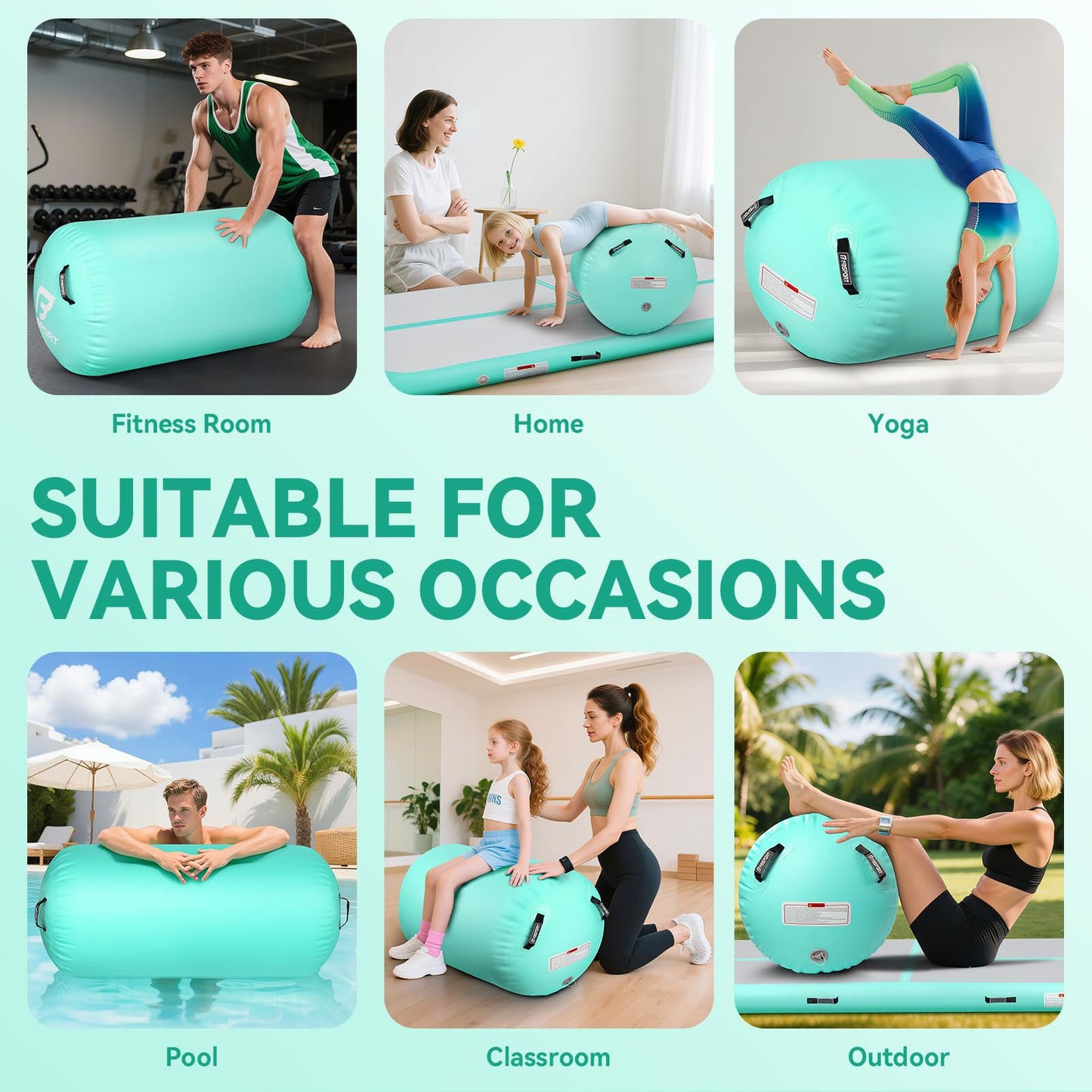 FBSPORT Air Roller Gymnastics Barrel, Inflatable Gymnastics Air Roller Inflatable Air Gymnastics Mat with Electric Pump for Yoga Cheerleading Training Home Outdoor Use (47x30inch Green)