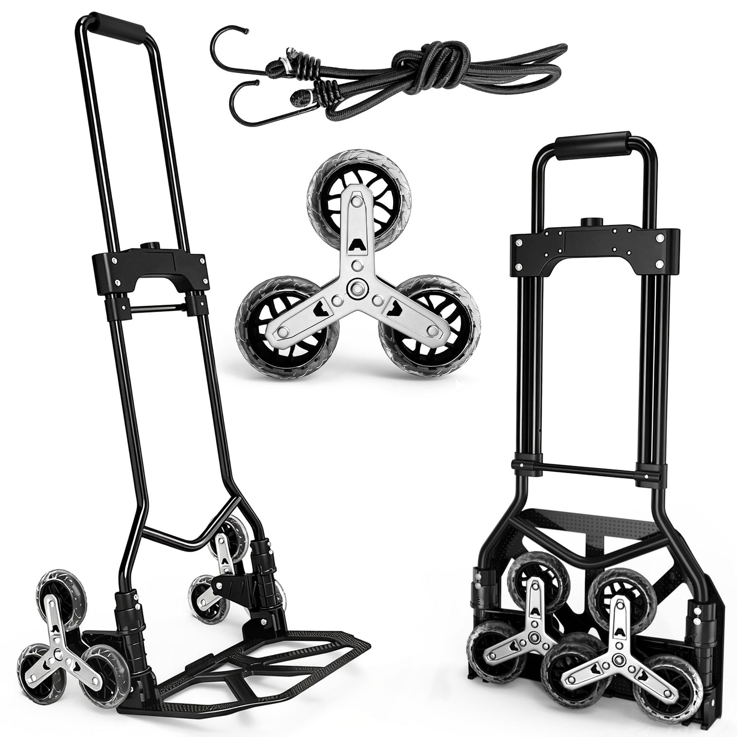DIAMONDFORGE Stair Climbing Dolly, 220LBS Heavy Duty Stair Climbing Cart with Telescoping Handle, Portable Folding Aluminum Cart for Stairs, 6 Wheels & Rope for Home, Groceries, Black