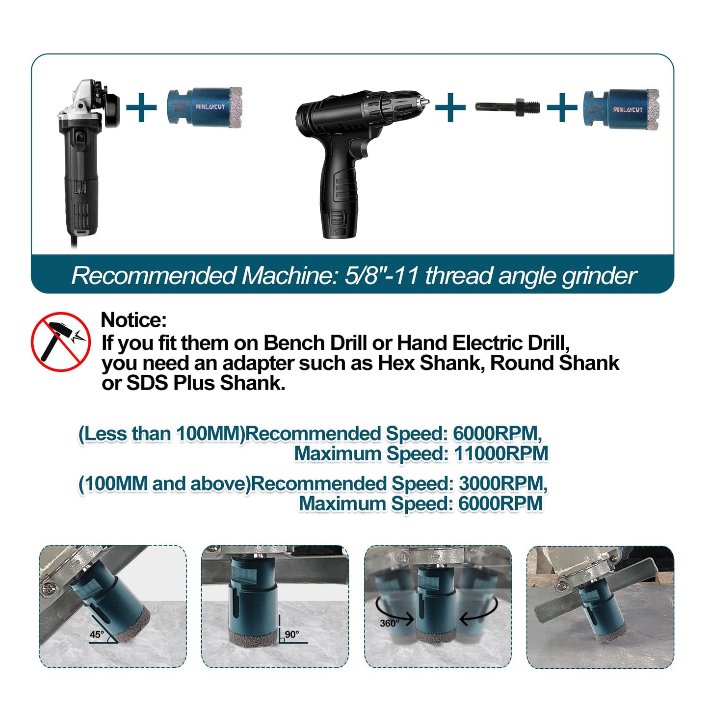 MINLAYCUT Diamond Core Drill Bits Set - Tile Hole Saw Kit 10pcs 6/8/10/25/35/50/65mm with 2" Diamond Beveling Chamfer Bits for Porcelain Ceramic Tile Granite Marble