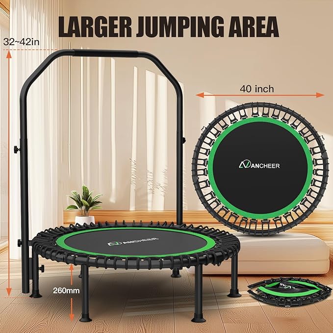 Bungee Rebounder Trampoline,ANCHEER 40" Foldable Fitness Trampoline with 4-Level Adjustable Handlebar, 450LBS Capacity, Resistance Ropes&Upgraded Bungees Safe for Home/Cardio,Workout Indoor/Outdoor
