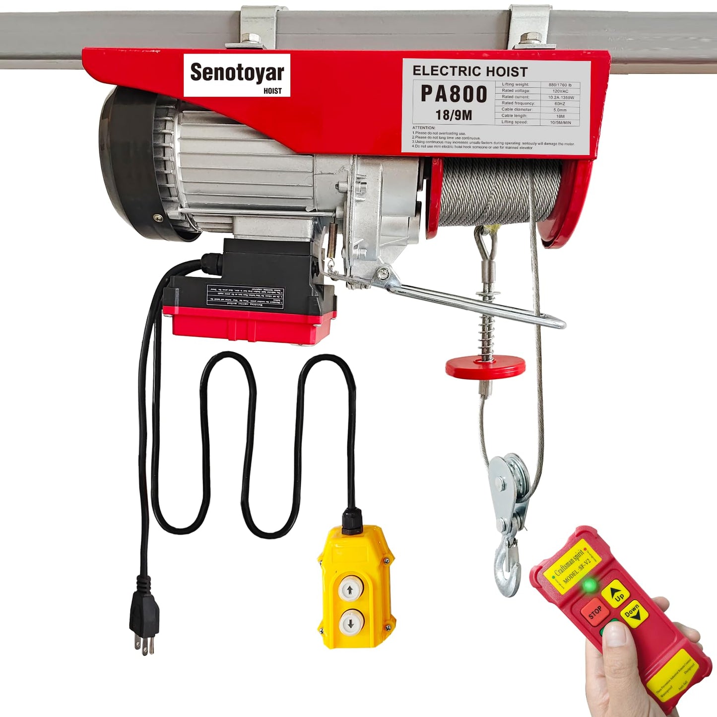Electric Hoist 2 in 1,1760lbs Electric Hoist Winch with 98ft Wireless Control&Wired Remote Control,110v Electric Hoist 59ft/29.5ft Lifting Height for Garage Warehouse Factory,Single/Double Slings