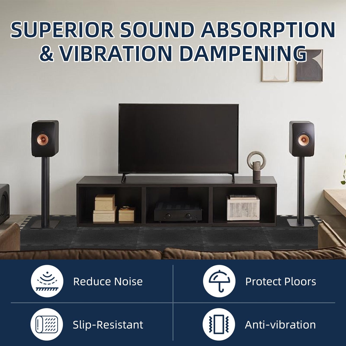 20 Pieces Sound Absorbing Interlocking Floor Mats, 11.8 x 11.8 x 0.4 inches High Density Felt Soundproof Pads Non-Slip Anti Vibration Puzzle Acoustic Blankets Piano Carpet Drum Rug, Black