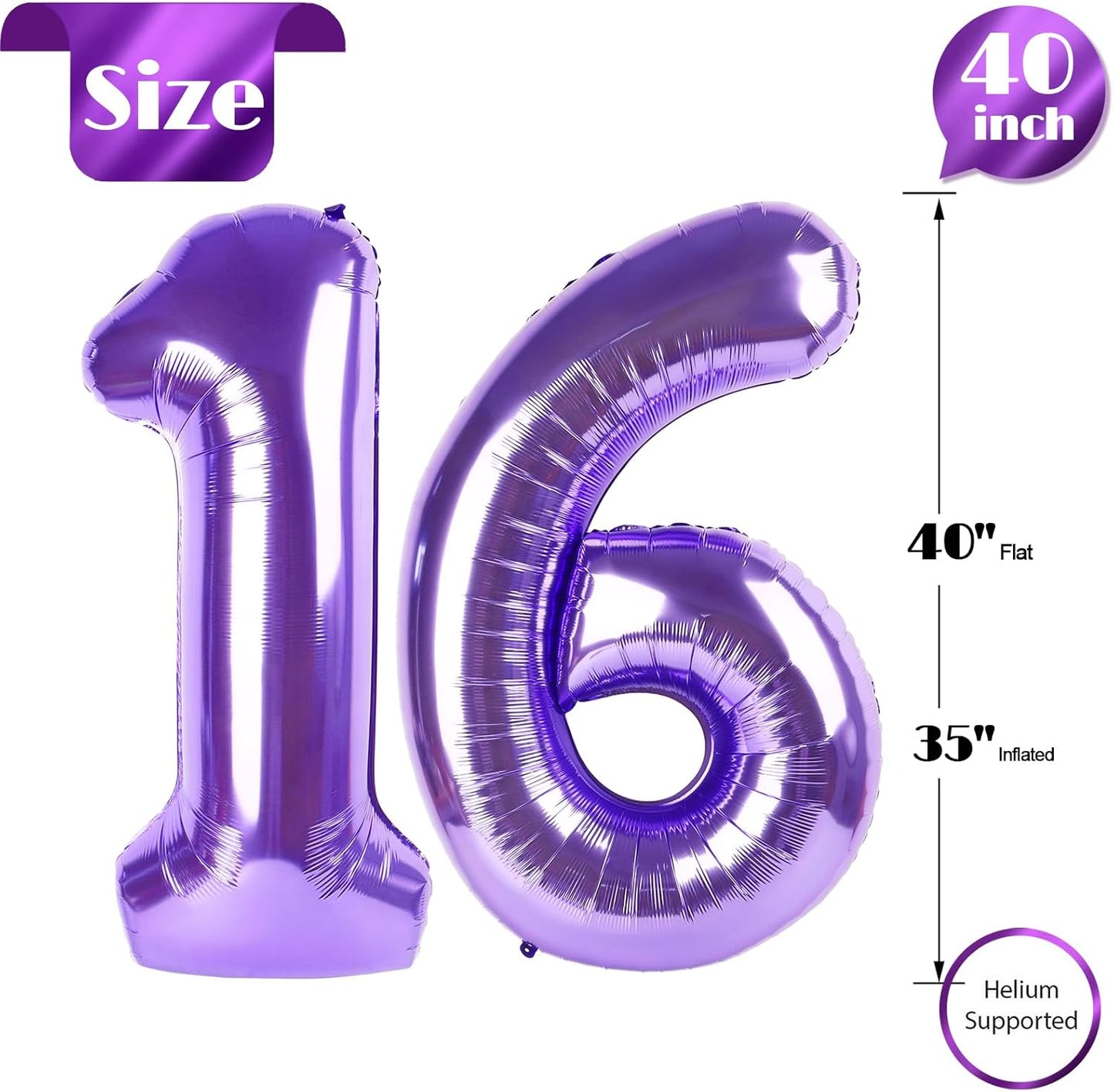 Purple Number 16 Balloon - 40 Inch Giant Foil Balloon for 16th Birthday Party Decorations