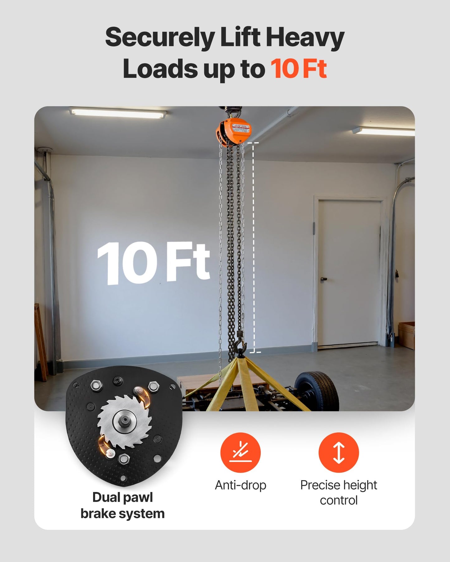 VEVOR Hand Chain Hoist, 1/2 Ton 1100 lbs Capacity, Manual Chain Block with Upgrade G80 Galvanized Chain, 10 ft Lifting Height, Heavy Duty Pulley Hoist for Garage Warehouse Automotive Machinery, Orange