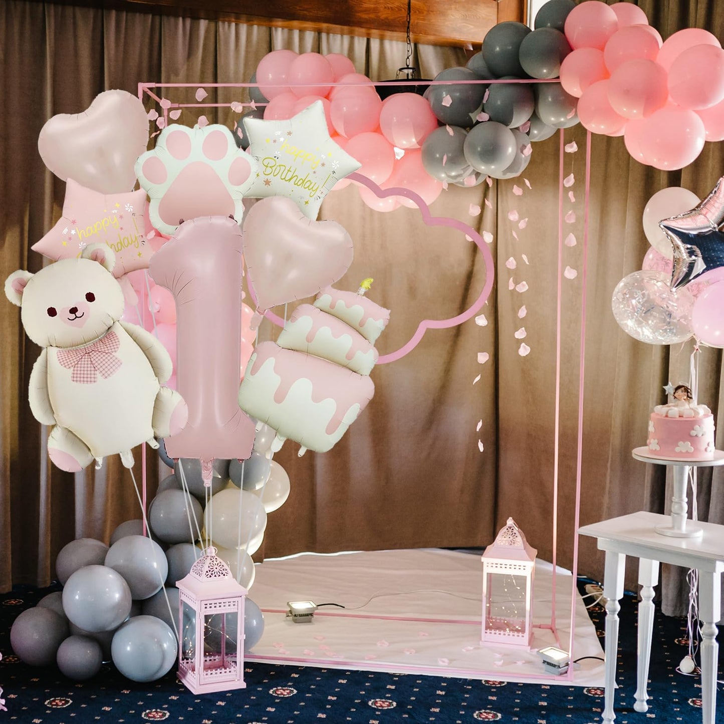 Panouo 8-Pack Matte Bear Party Balloons, Pink Foil Balloons, 1-Year-Old Girl Birthday Party Decorations, Bear Theme Party Decorations(1)