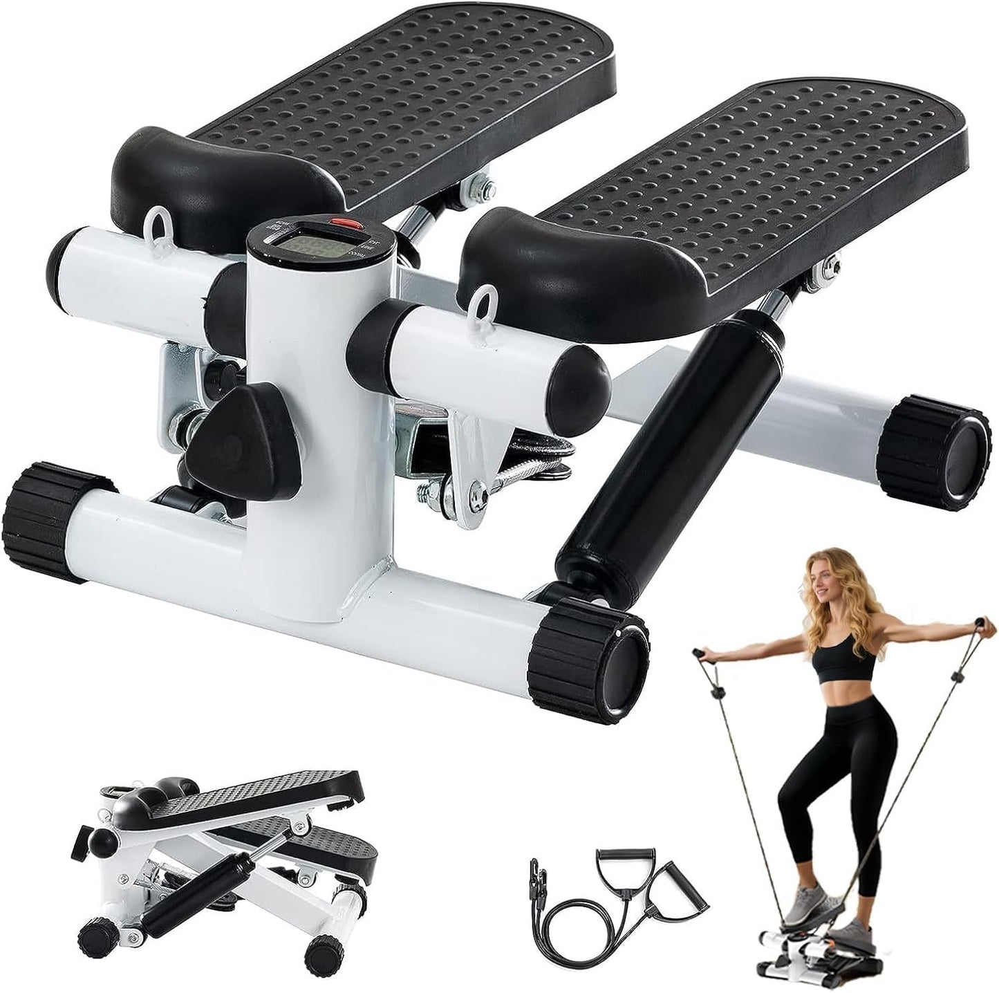 Steppers for Exercise at Home, Mini Stepper with Resistance Bands, Hydraulic Fitness Stepper with LCD Monitor, 360LBS Weight Capacity Portable Stair Stepper for Small Spaces