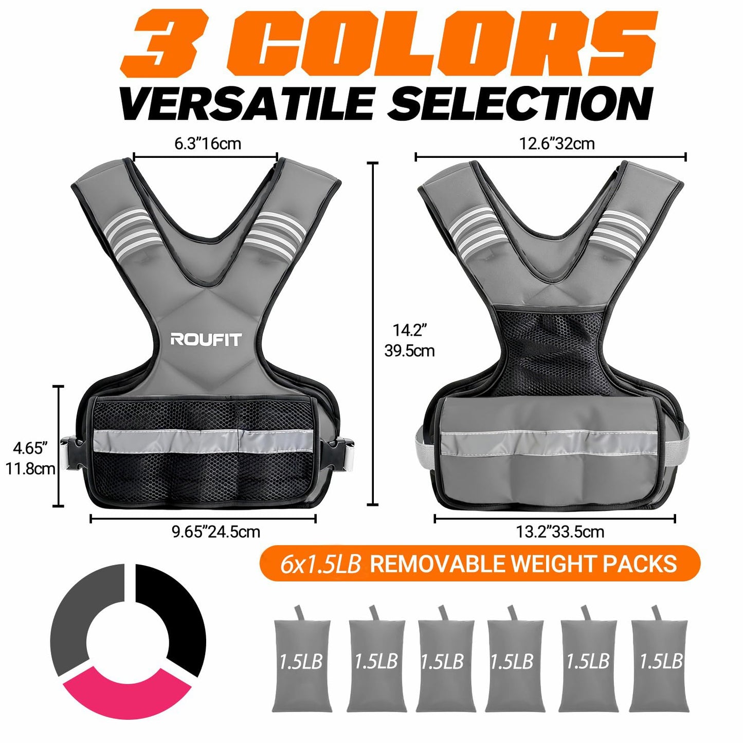 ROUFIT Women Adjustable Weighted Vest 4-10lb/6-15lb | Soft Neoprene Comfort, Reflective Strips & Front Pocket | Rucking Vest for Men & Women | Running, Walk & Cardio Workouts (Gray, 6-15 LB)
