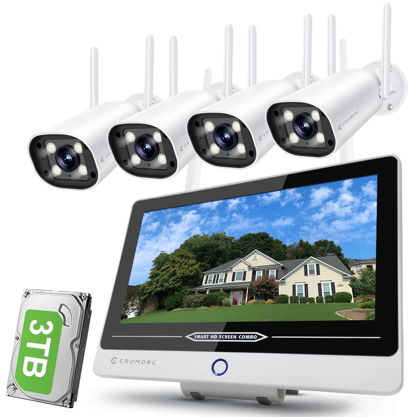 Wireless Security Camera System with 12" Monitor, Human Detection, Floodlight, Siren Alarm, 2-Way Audio, 4PCS 5MP Camera, Expandable 16CH NVR, Home Business Surveillance, 3TB HDD