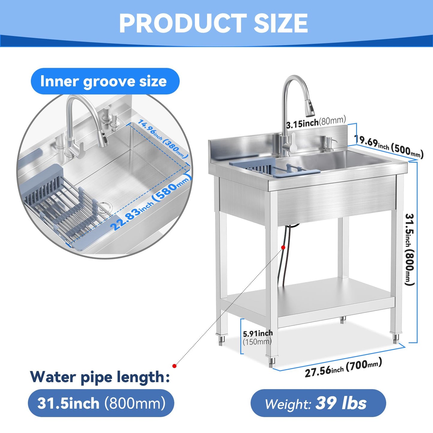 Stainless Steel Utility Sink, 28"Freestanding Sink with Retractable Cold and Hot Water Faucet,Hoses and Drain Kit for Kitchens, Bathrooms, Garage, Laundry Room,Pet Cleaning