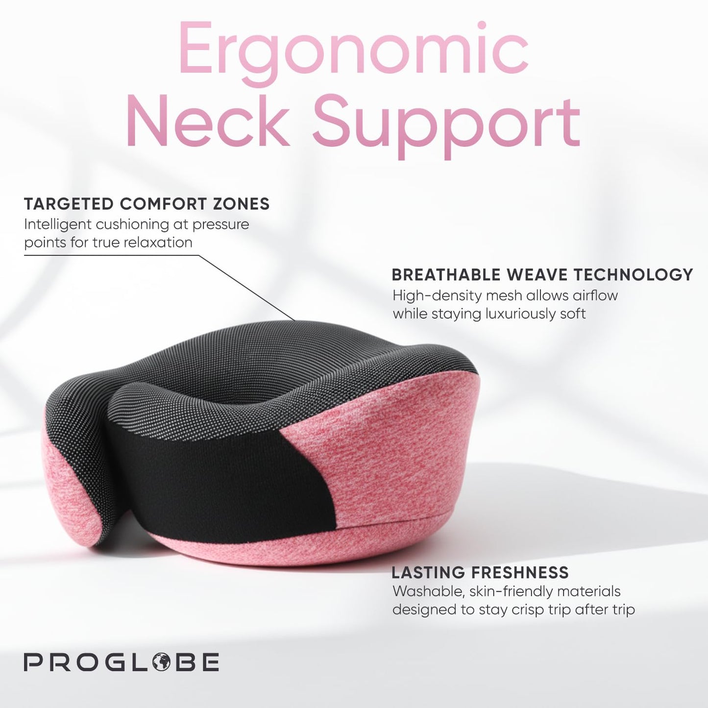Proglobe Pink Airplane Travel Pillow Set, 100% Pure Memory Foam Neck Pillow, Updated Material, Long Flight Travel Kit with 3D Contoured Eye Masks, Earplugs, and Luxury Bag