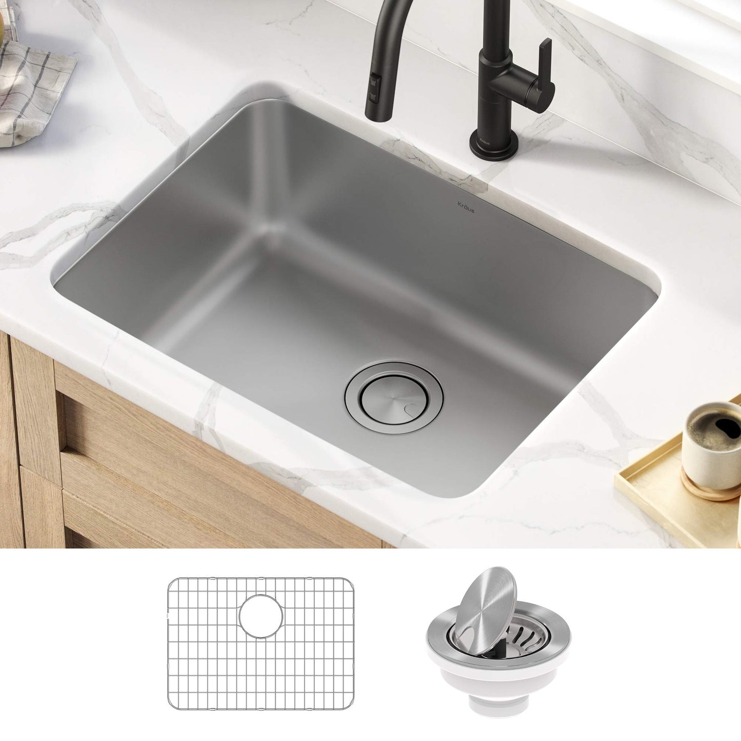 KRAUS Dex 25-inch Kitchen Sink and Roll-Up Dish Drying Rack Bundle