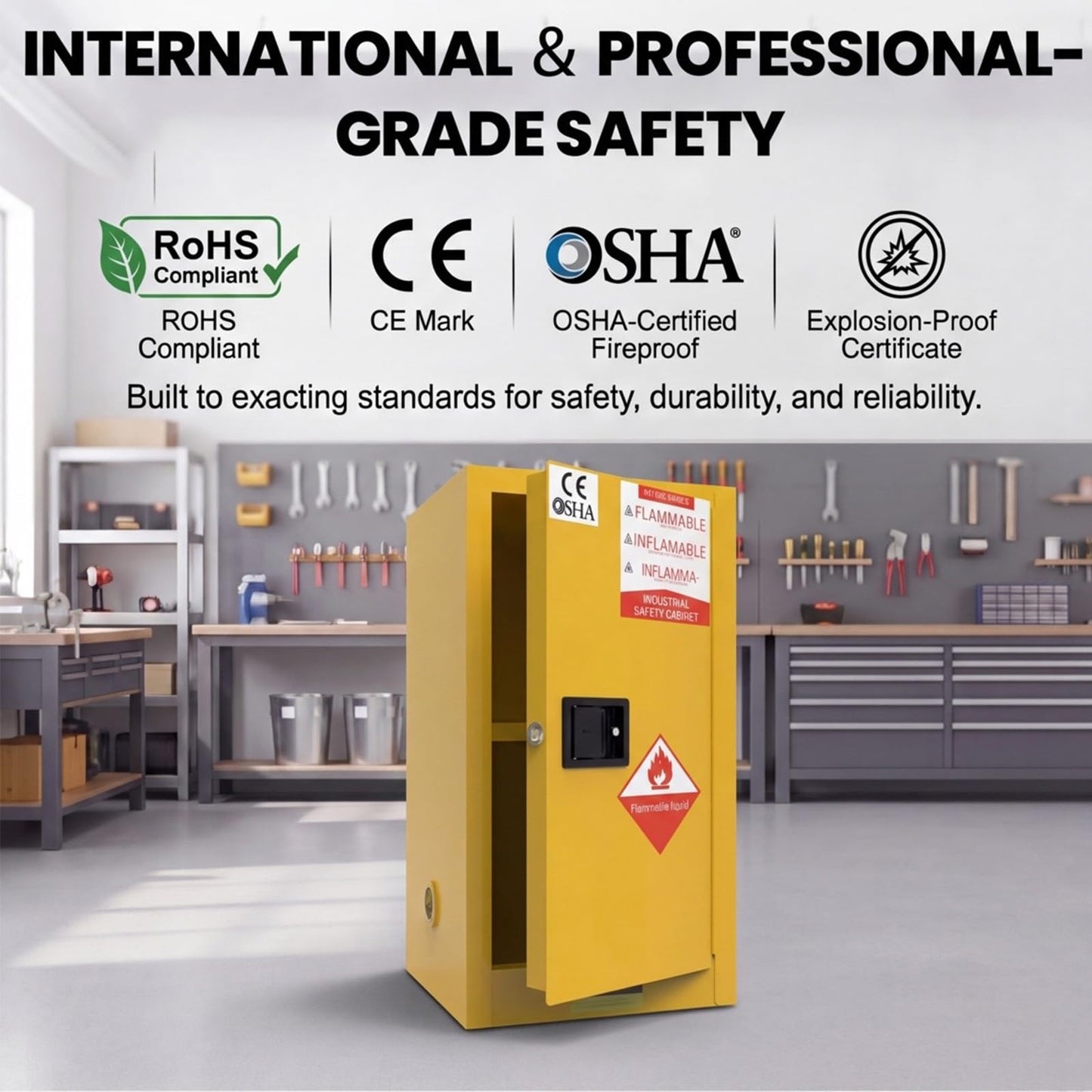 BLUEIAN 30 Gallon Flammable Storage Cabinet, 36" x 23" x 23" OSHA Fire Cabinet with ESD Grounding Cable, Stainless Steel Adjustable Shelf Flammable Safety Cabinet for Fireproof Chemical Storage