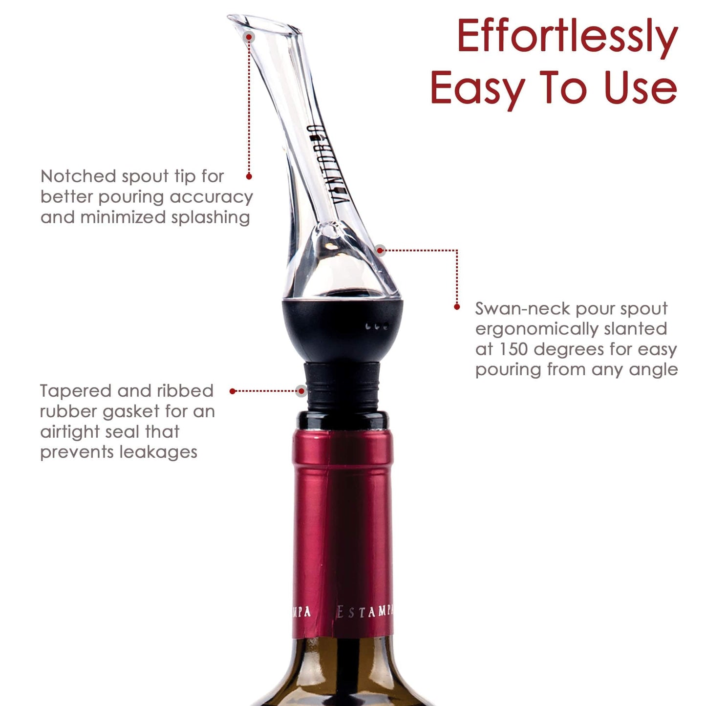 Vintorio Wine Aerator Pourer - Premium Aerating Pourer and Decanter Spout (Black)