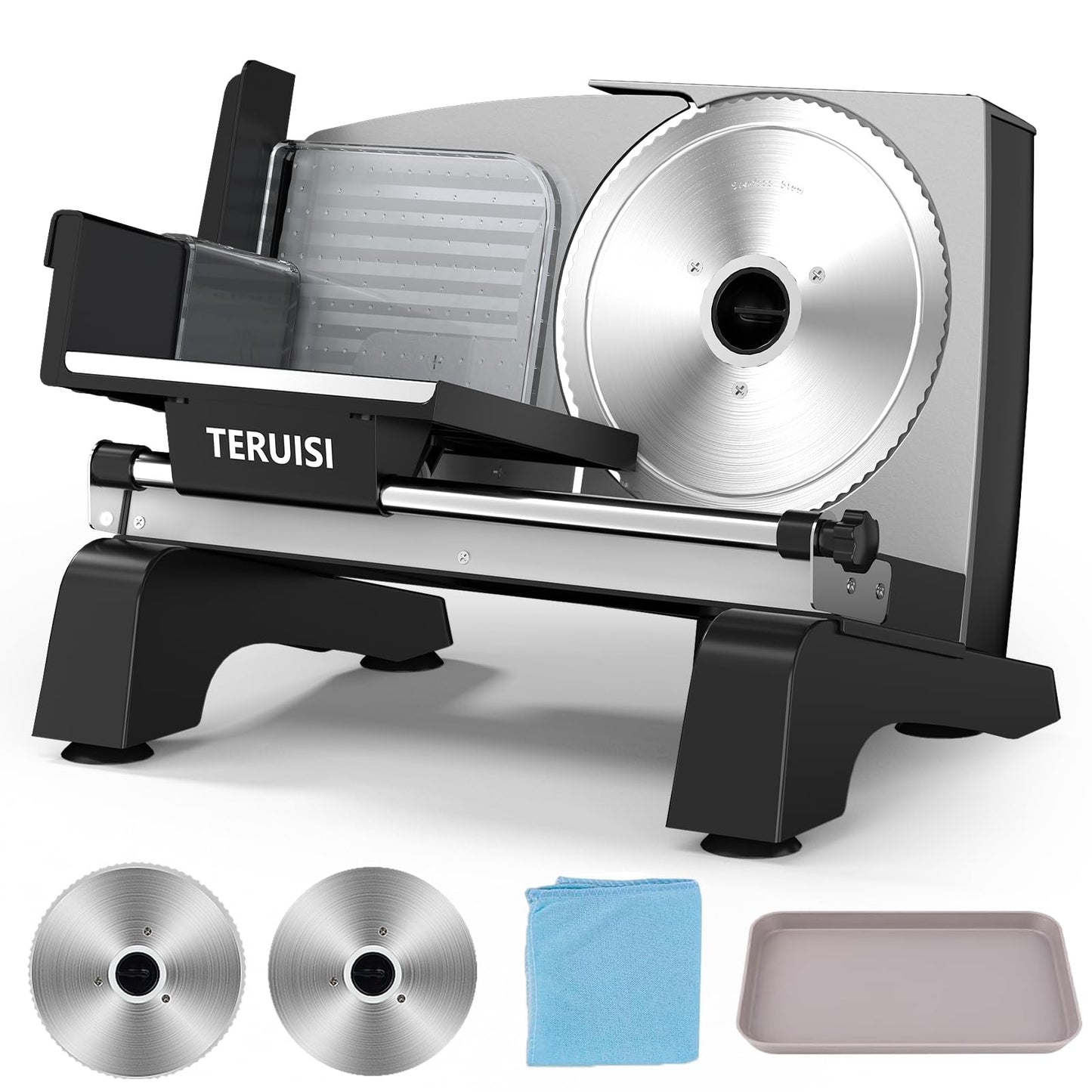 TERUISI Electric Meat Slicer, 200W Deli Slicer with 2 Stainless Steel 7.5" Blades, 0-18mm Adjustable Thickness, Food Slicer Machine with Food Tray, Towel for Home, Bacon, Bread, Jerky, 110V Ham Slicer