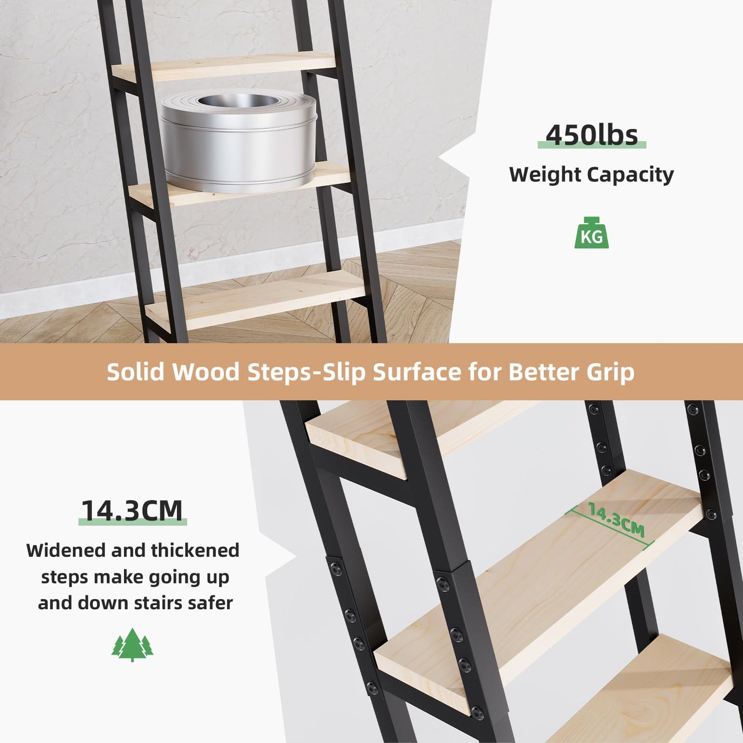 10.35FT Industrial Style Loft Ladder, 8 Steps with Black Steel Handrails & Solid Wood Steps, 450lbs Capacity, Fits 8.2-9FT Installation Height,for Attic, Kitchen, Warehouse, Bookshelf& Outdoor
