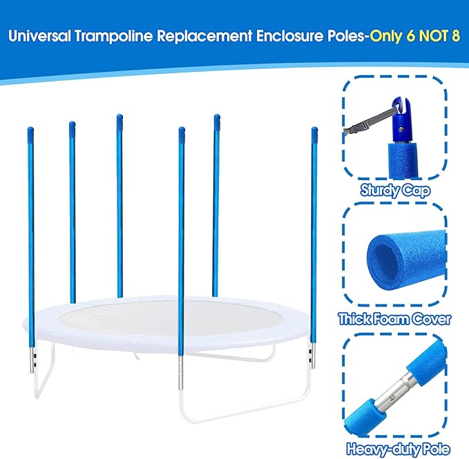 Universal Trampoline Replacement Enclosure Poles Come with Clamps, Screws and Bolts, Plactic Caps, Fits 6 Straight Pole Trampoline Frame