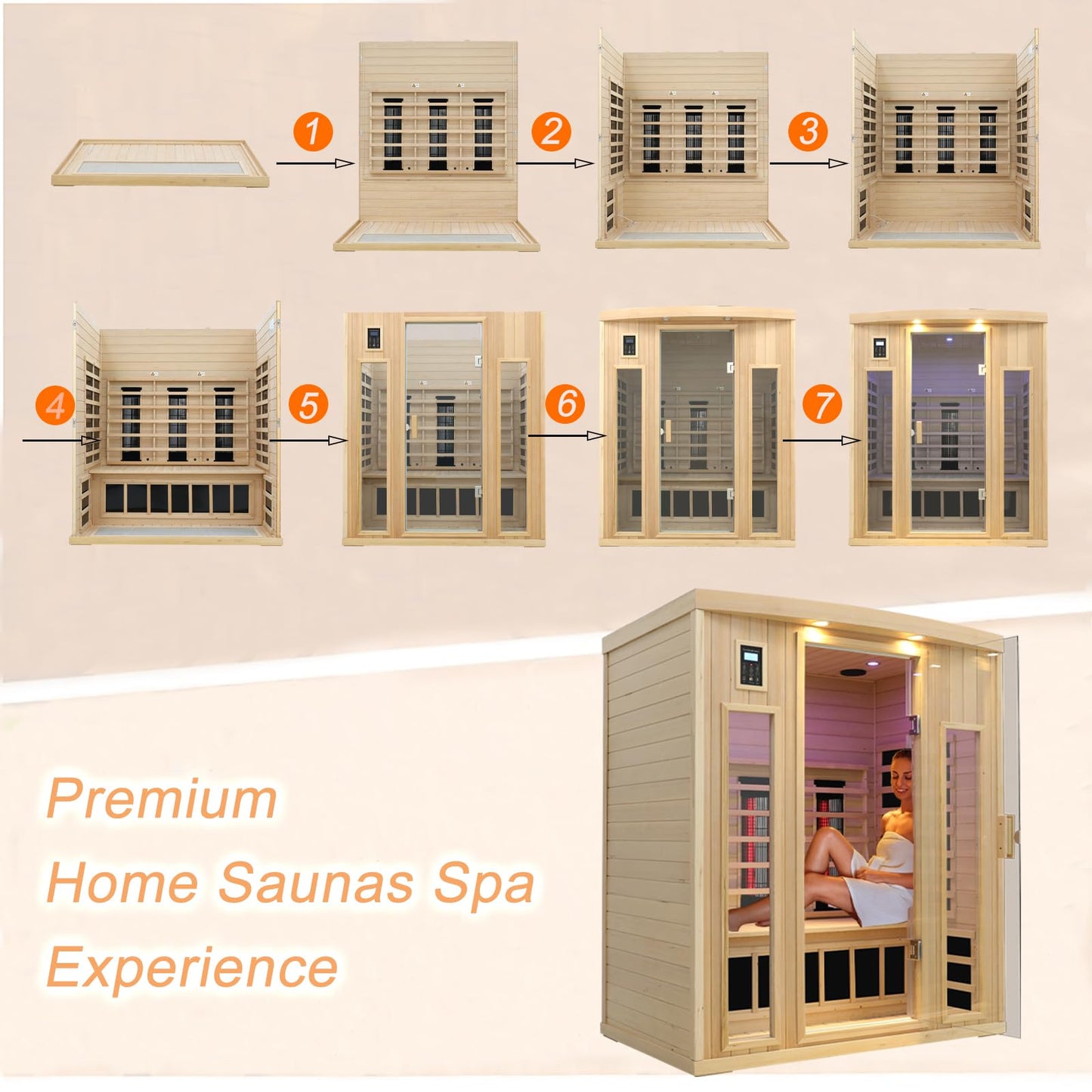 KUNSANA Ceramic Infrared Sauna 3 Person, Infrared Saunas for Home, Low EMF Far Infrared Sauna, Indoor Home Sauna Spa, Hemlock Wooden Sauna with Bluetooth Speaker, Chromotherapy Lamp, 2050W