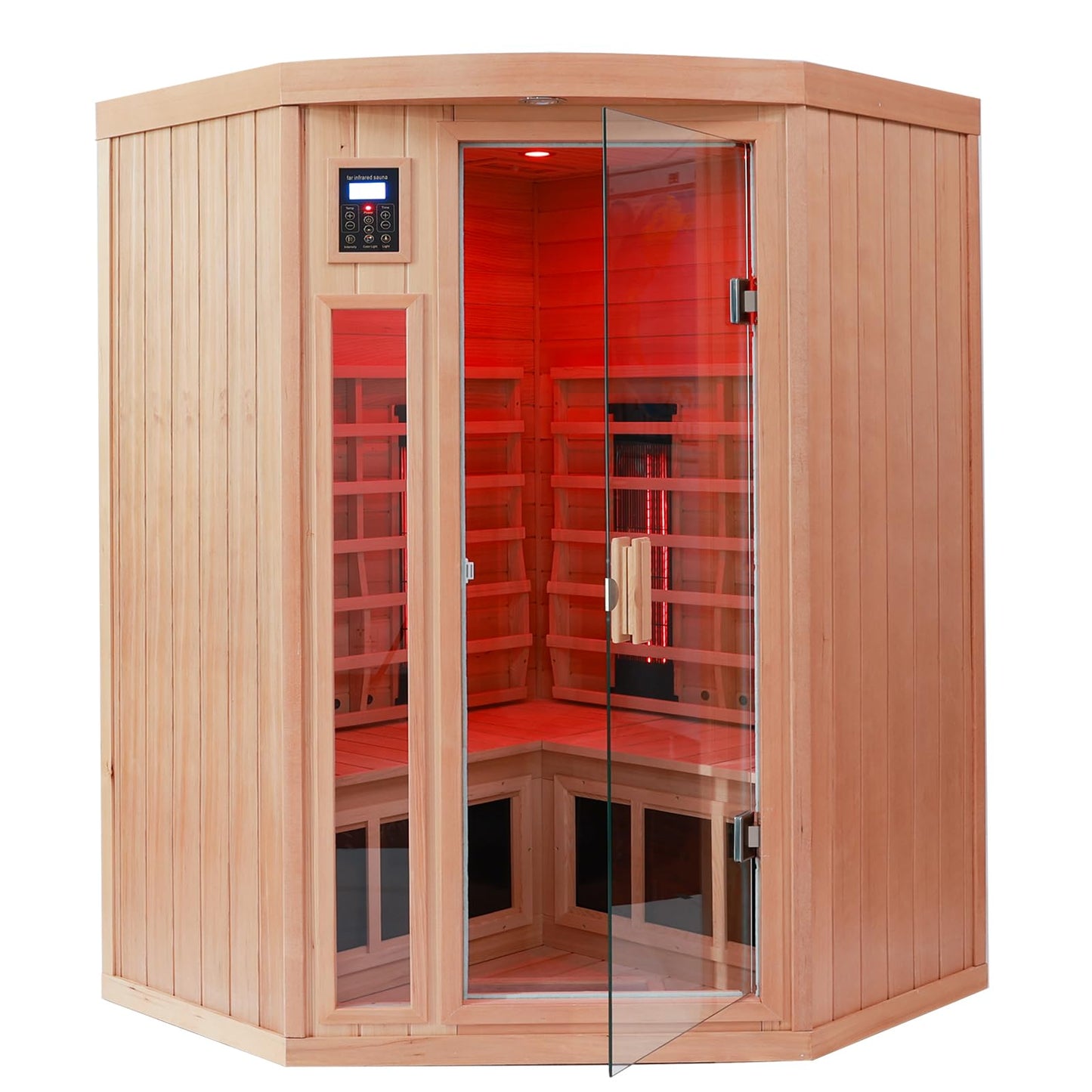 KUNSANA 2-3 Person Infrared Saunas for Home, Low EMF Ceramic Infrared Sauna, Indoor Home Sauna Spa, Hemlock Wooden Corner Suana Room, Bluetooth Speakers, Chromotherapy Lights