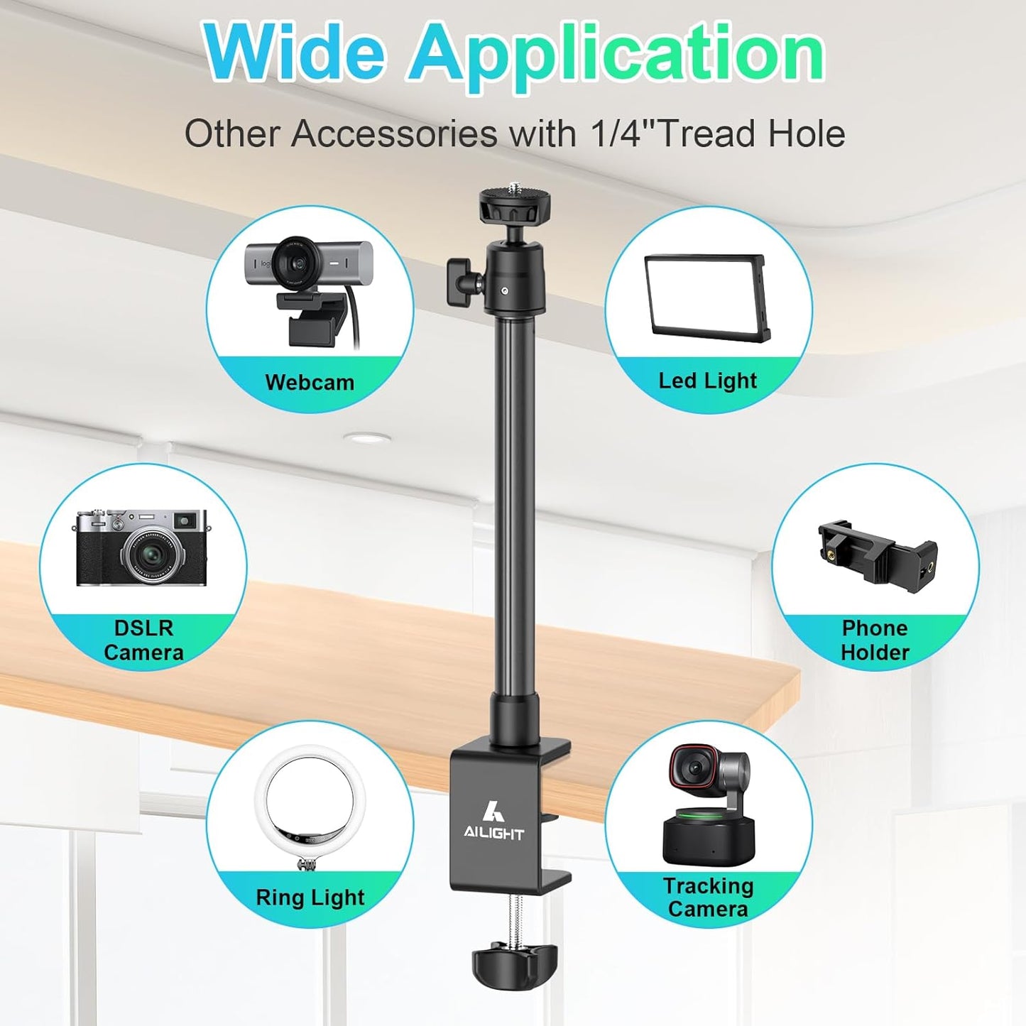 ailight 1/4" insta360 Camera Desk Mount Webcam Stand, Adjustable Table Camera Stand with Screw & C Clamp Overhead