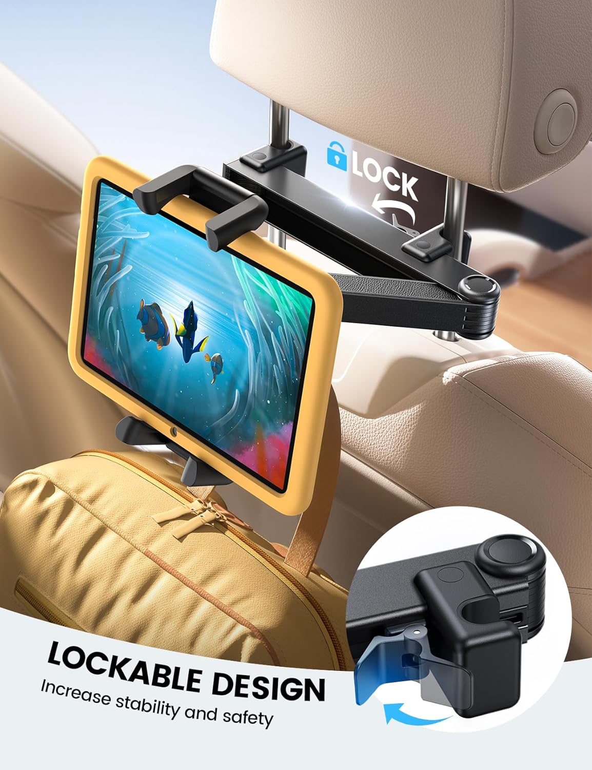 Lamicall 4.7-13" Car Headrest Tablet Holder - [Lockable] [Thick Case Friendly] [Foldable Clip] Car Backseat Tablet