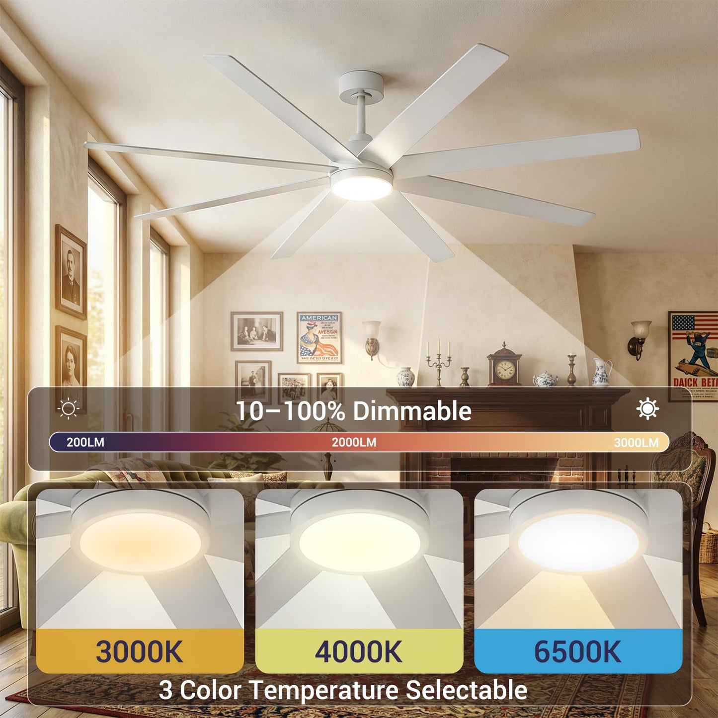 TCL 72 Inch Large Ceiling Fans with Lights and Remote, Quiet Modern Ceiling Fan, 3 CCT Dimmable Remember LED Reversible 8 Dual Side Blades for Living Room Patio Garage Indoor/Outdoor (white, 72)