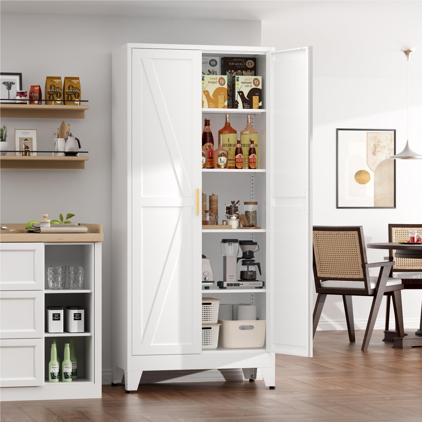 YNIQUESTLE Kitchen Pantry Cabinet,71" H x 31.5" W,Metal Farmhouse Storage Cabinet with Adjustable Shelves and Barn Doors,5-Tier Storage Cabinet for Kitchen Dining Room Garage,White 1 Pack