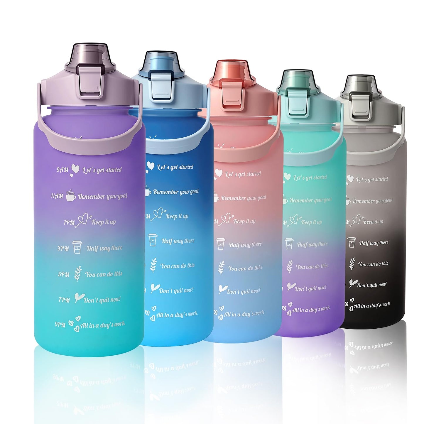 Binudum 64 oz Water Bottle with Straw Time Marker Half Gallon Reusable Water Bottle for Gym Fitness and Outdoor Sports (Purple Cyan)