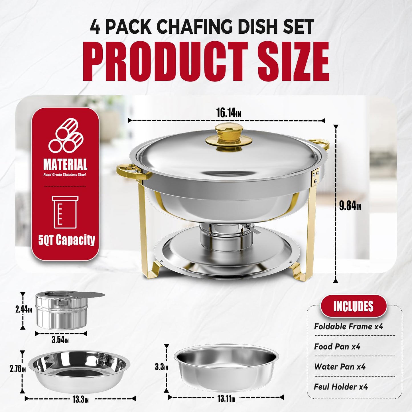 IMACONE Chafing Dish Buffet Set of 4, 5QT Round Stainless Steel Chafer for Catering, Upgraded Chafers and Buffet Warmer Sets w/Food & Water Pan, Lid, Gold Frame, Fuel Holder for Party Wedding Holiday