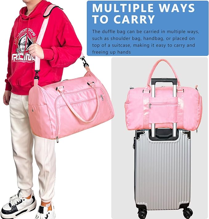 woogwin Gym Bag for Men & Women with Shoes & Wet Compartment Waterproof Duffle Bag for Travel Sports Workout Overnight Weekender(21",Pink)