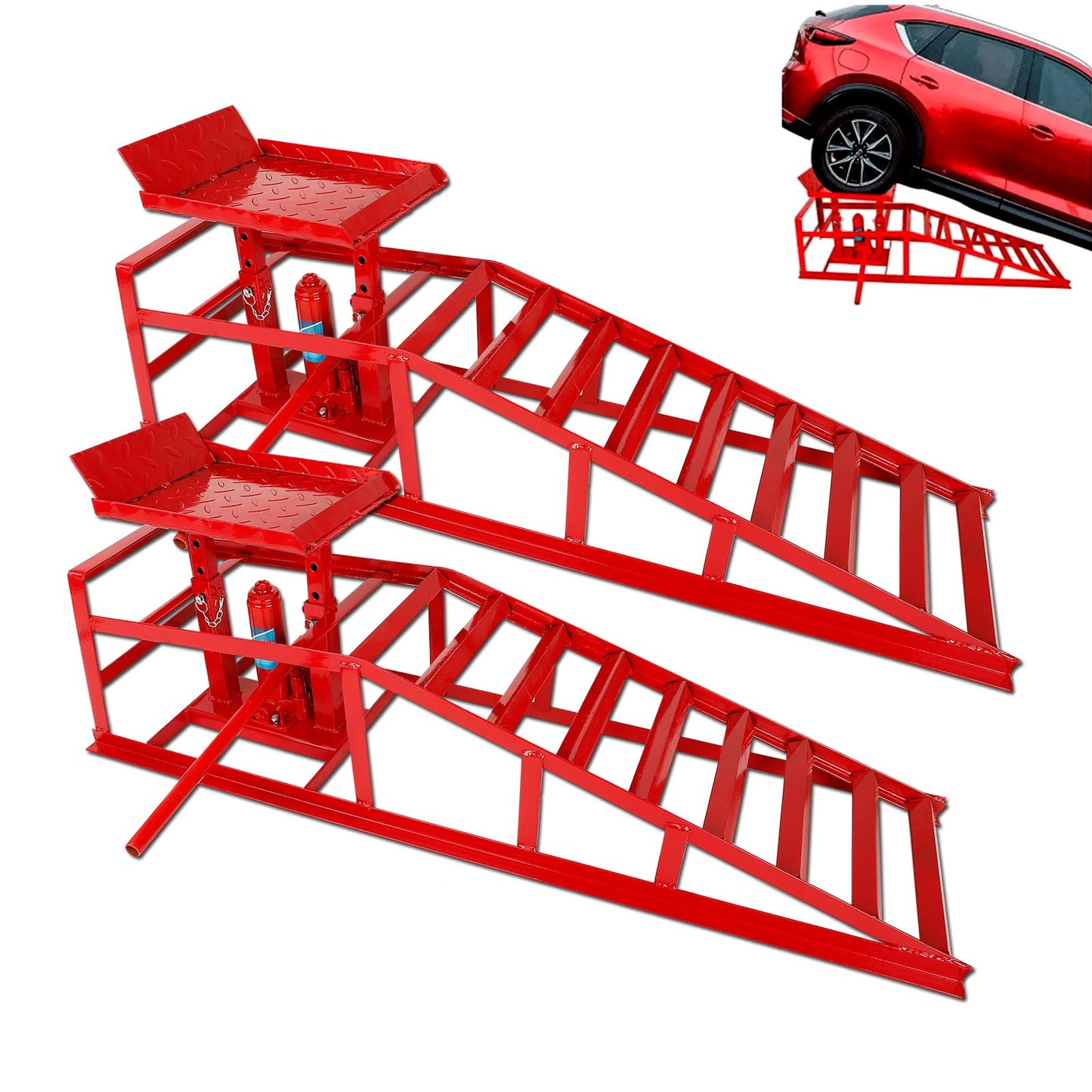 2-Pack 5 Ton Low Profile Hydraulic Car Ramps with Built-in Jack, Adjustable Vehicle Lift Service Ramps, 9.8" to 15" Height Range, Heavy Duty Steel Ramps for Oil Changes, SUVs & Light Trucks