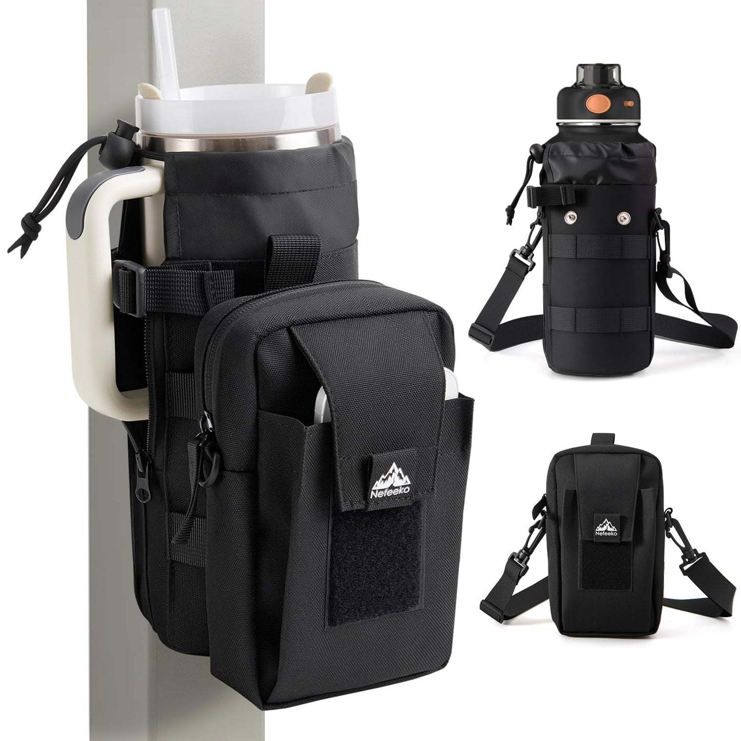 Nefeeko Magnetic Water Bottle Holder with Detachable 2-in-1 Phone Bag, 10 Strong Magnets Gym Pouch for Metal Surfaces, Fits 20-40 Oz Tumblers with Handles, Heavy-Duty 600D Oxford Sling Carrier