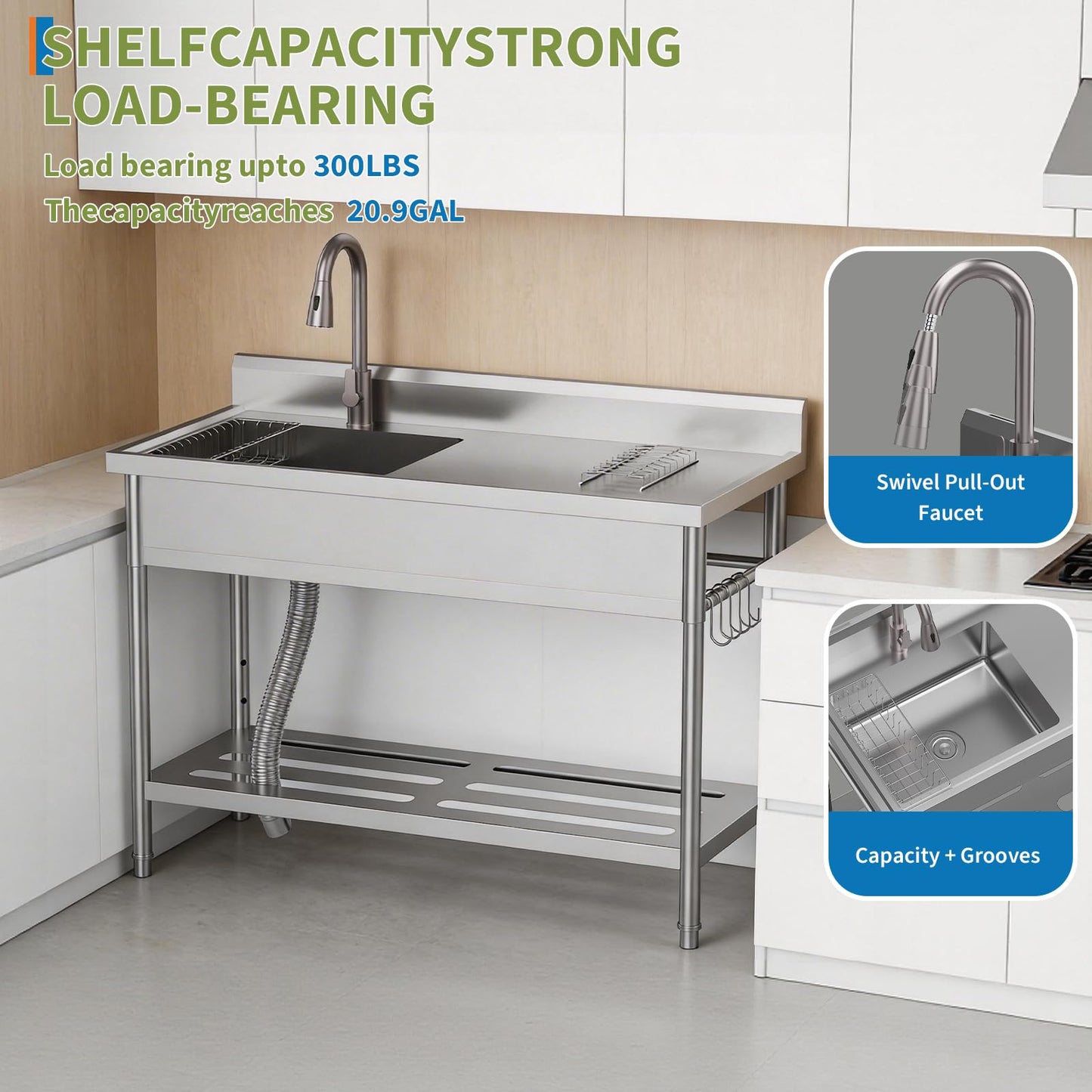 Commercial Stainless Steel Utility Sink with Drainboard, Freestanding Single Bowl Prep Sink with Work Table & Pull-Out Faucet, for Restaurant Kitchen, Garage, Outdoor