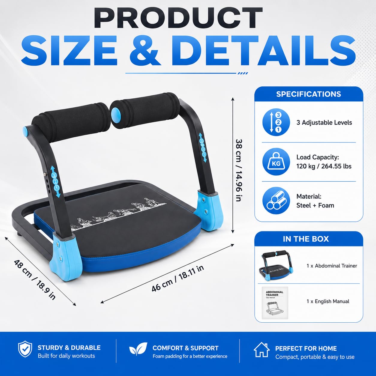 Ab Machine, Ab Workout Equipment with 3 Adjustable Resistance, Sit Up Machine & Exercise Equipment, Foldable Ab Crunch Machine for Home Gym, Modern Style, Blue and Black