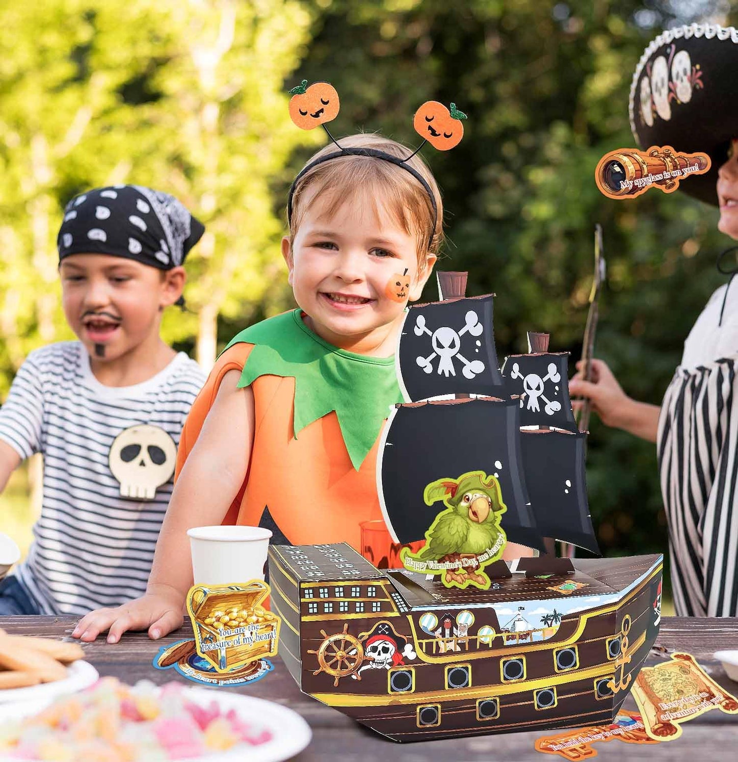 SietDESEO Pirate Ship Valentines Card Box Valentines Day Cards for Kids Boys Girls School Classroom Gift Exchange 3D Pirate Boat Valentine Mailbox with 35 Valentine Cards