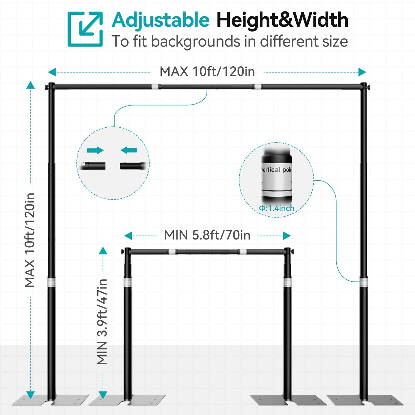 Fotoumgl 10x10ft Pipe and Drape Stand Kit, Adjustable Heavy Duty Backdrop Stand with Metal Steel Flat Base, Large Extendable Sturdy Photo Background Stand Frame for Wedding Parties Banner Photography