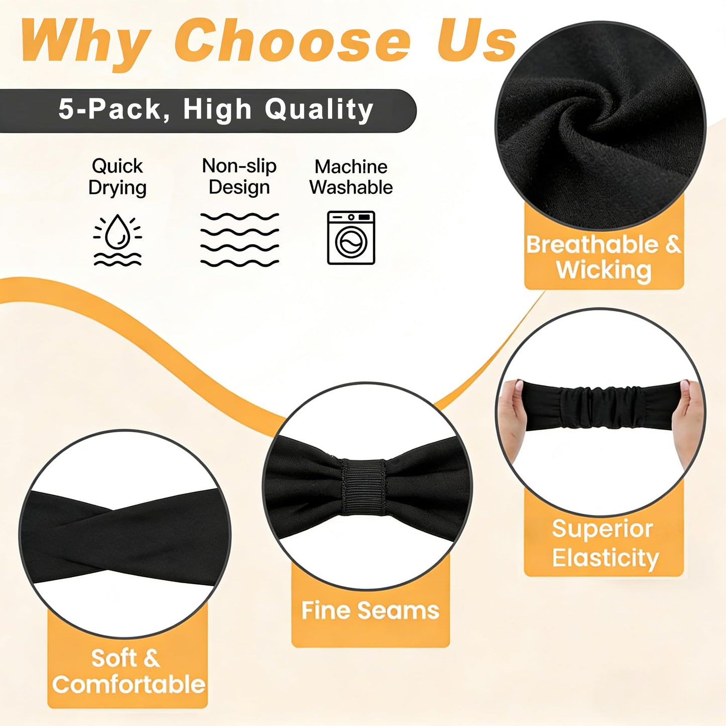 Calbeing Headbands for Women, 5 Pack Black Sweat-Absorbing Sport Sweatbands, Soft Elastic Yoga Hairbands, Comfortable Hair Bands for Fitness Workout Travel Exercise