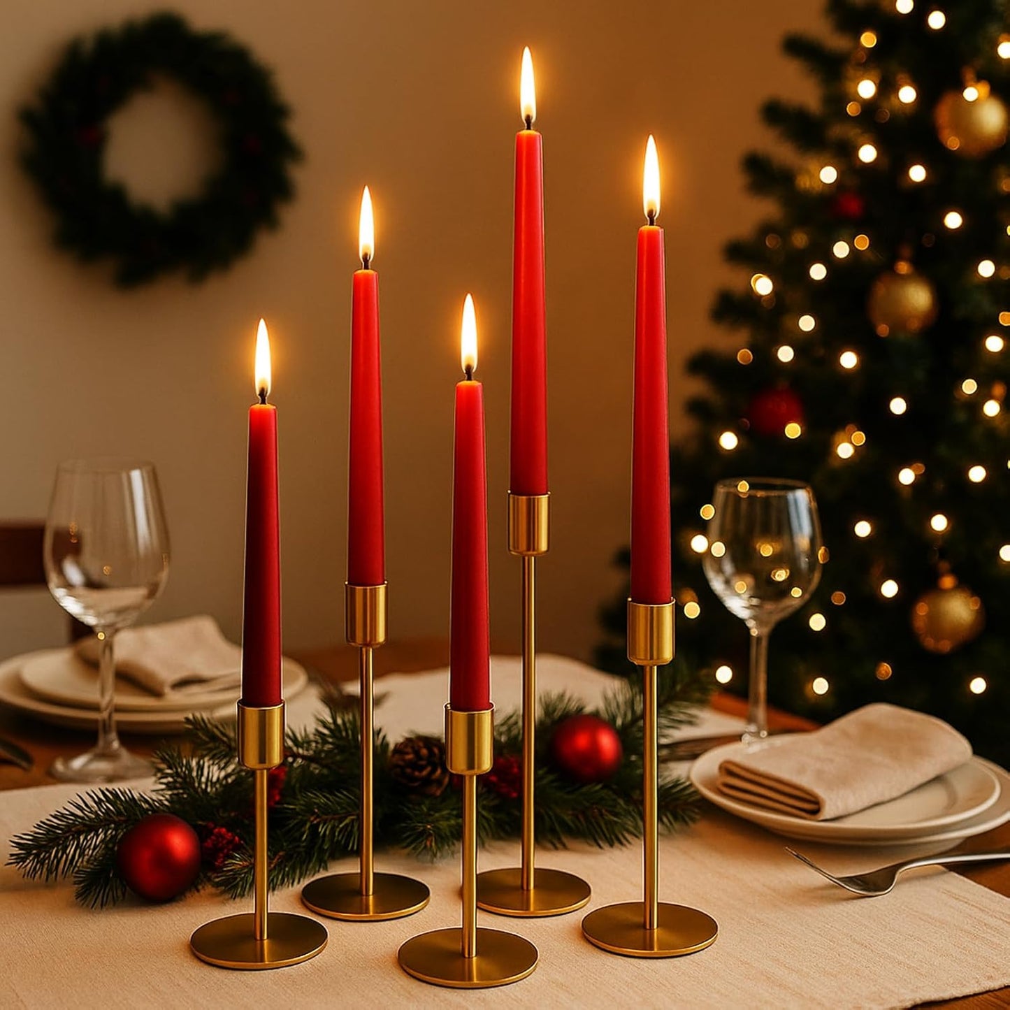 Smtyle Gold Taper Candle Holders - Set of 5 Matte Finial for Elegant Wedding & Dining Table Decor