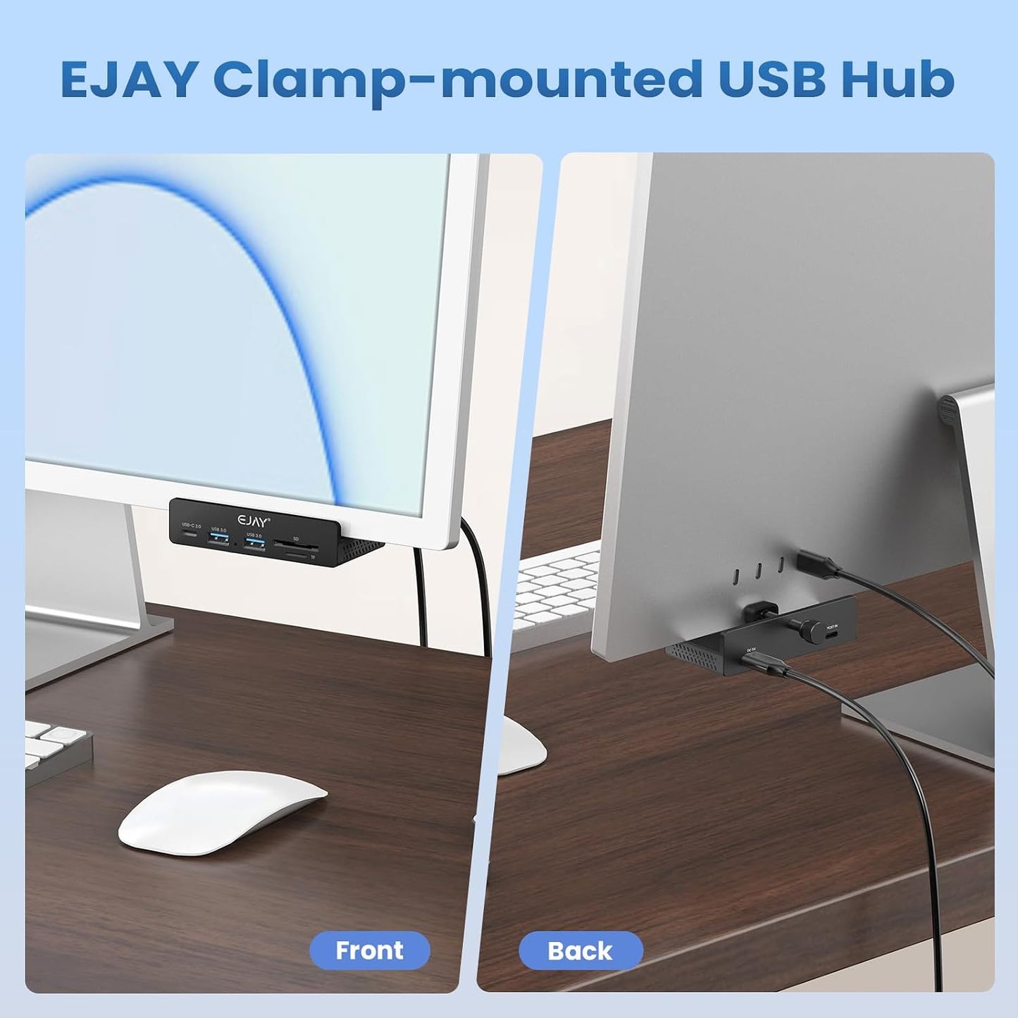 EJAY 5-in-1 59" 5Gbps Clamp USB Hub Desk Mount, Aluminum Mountable USB C Hub with SD/TF Card Reader, Long Cable Under