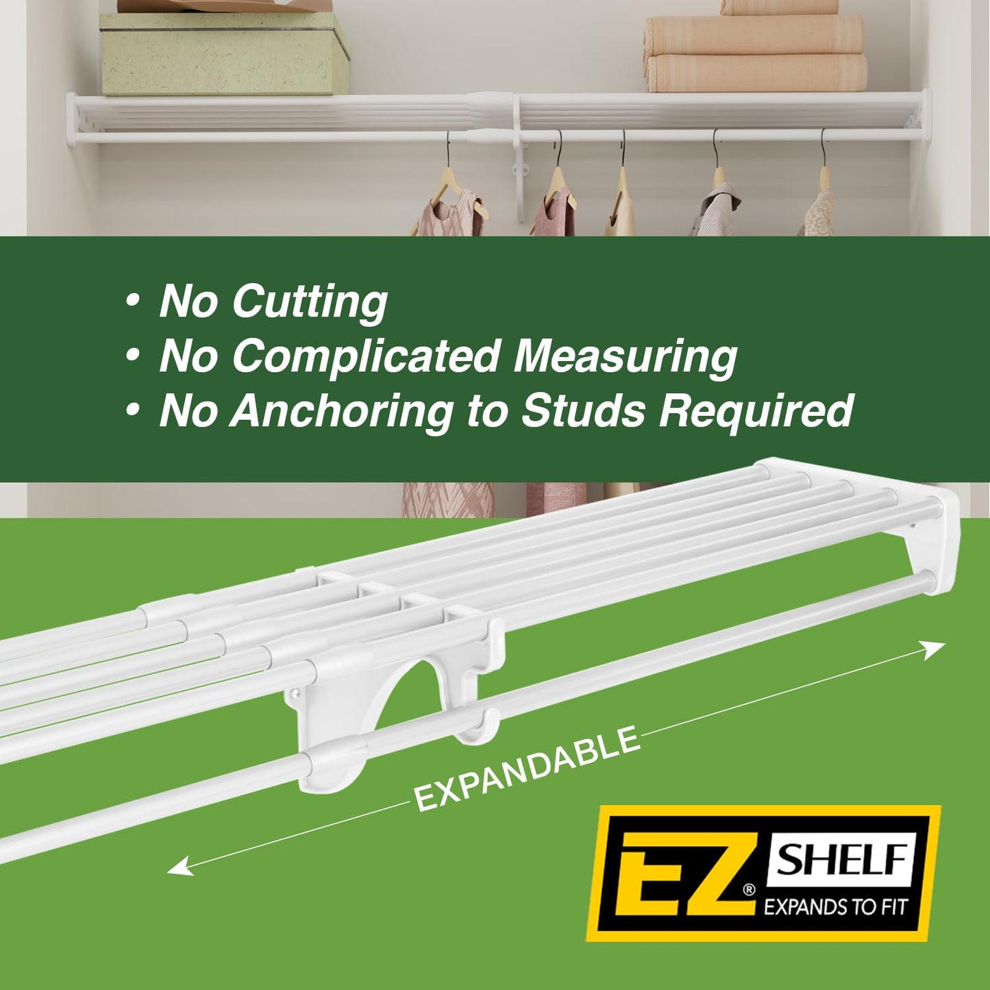 EZ SHELF - Closet Shelf with Hanging Rod - 29" to 49” Expandable, White, Closet Shelves - Strong, Holds 200 lbs - Easy Install - 1 Side Wall & Backwall with 1 End Bracket, Alternative to Wire Shelving